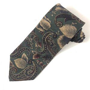 Vintage Graham & Lockwood London England All Silk Tie Paisley Leaf Print Green